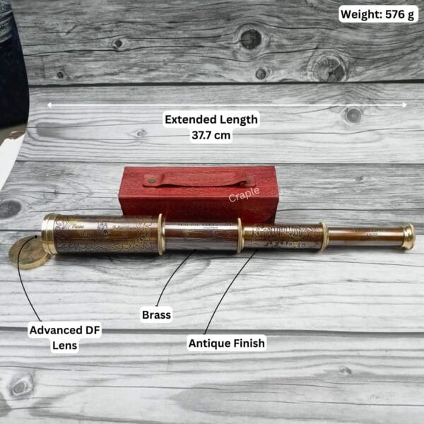 Image of the extended brass telescope with specifications: 37.7 cm length, 576g weight, brass material, and antique finish.