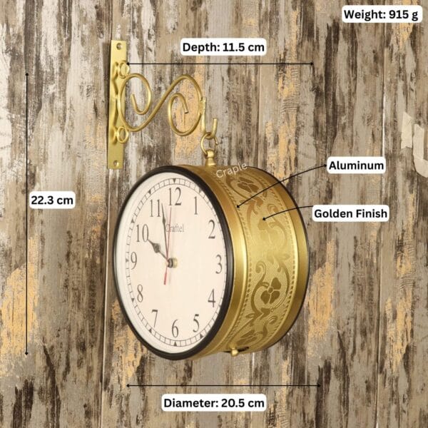 Image of the double-sided station clock showing its dimensions: 22.3 cm height, 20.5 cm diameter, and 11.5 cm depth.