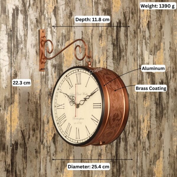 Product image of the station clock with dimensions: 25.4 cm diameter, 22.3 cm height, and 1390g weight.