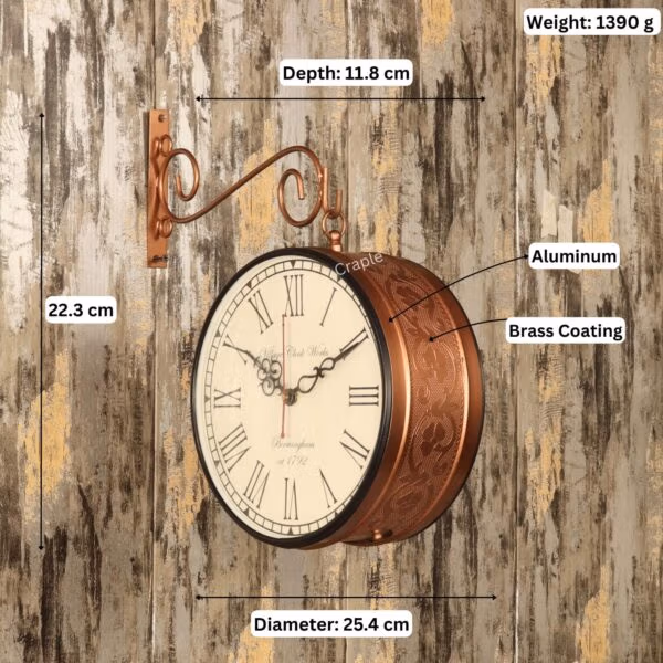 Product image of the station clock with dimensions: 25.4 cm diameter, 22.3 cm height, and 1390g weight.