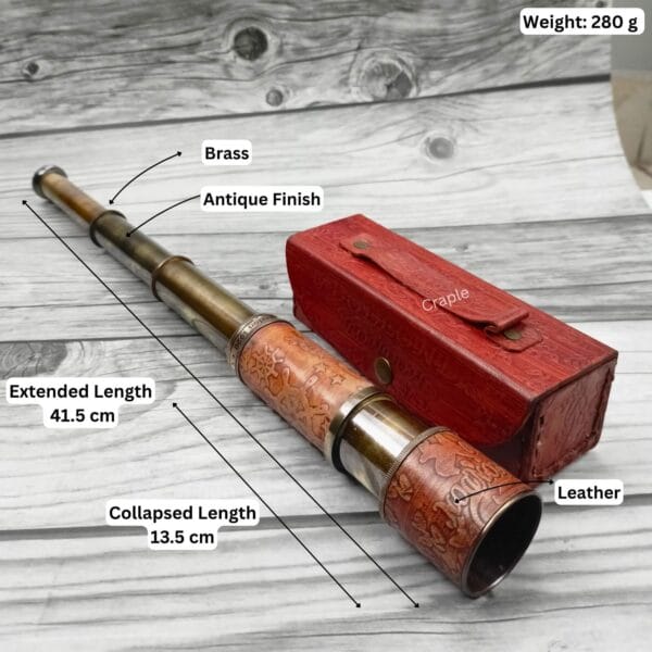Image showing the dimensions of the brass telescope: 41.5 cm extended length, 13.5 cm collapsed length, and 280g weight.