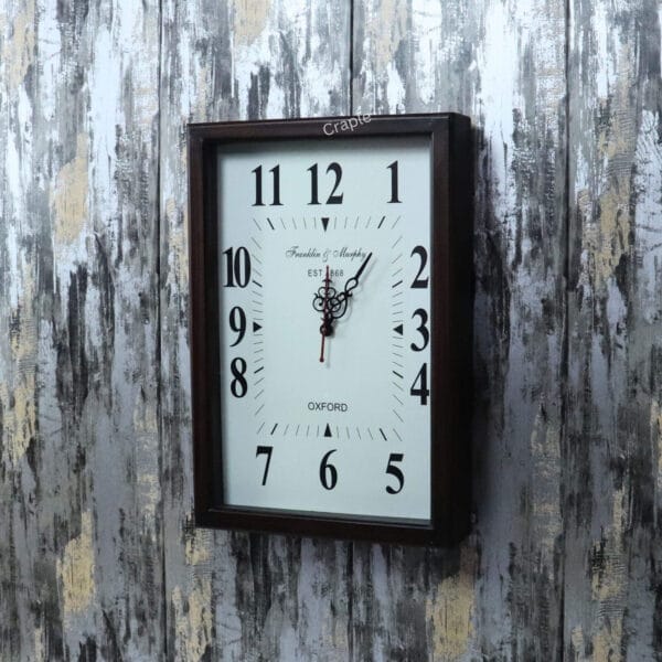 Left-angled perspective of the Franklin & Murphy Oxford clock, highlighting the polished wood finish.