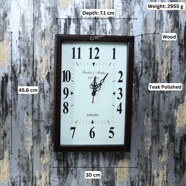 Image of the rectangular wooden clock with dimensions labeled: 45.6 cm height, 30 cm width, and 7.1 cm depth.