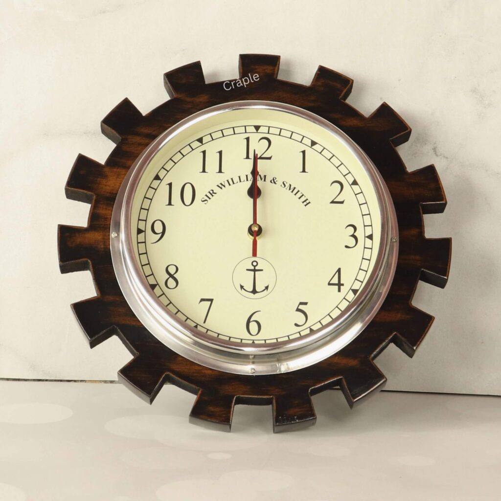 Industrial gear-shaped wooden wall clock with a polished aluminum bezel and a nautical-themed cream dial.