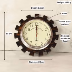 Image of the gear-shaped clock with its dimensions labeled: 30 cm diameter, 5.5 cm depth, and 1520g weight.