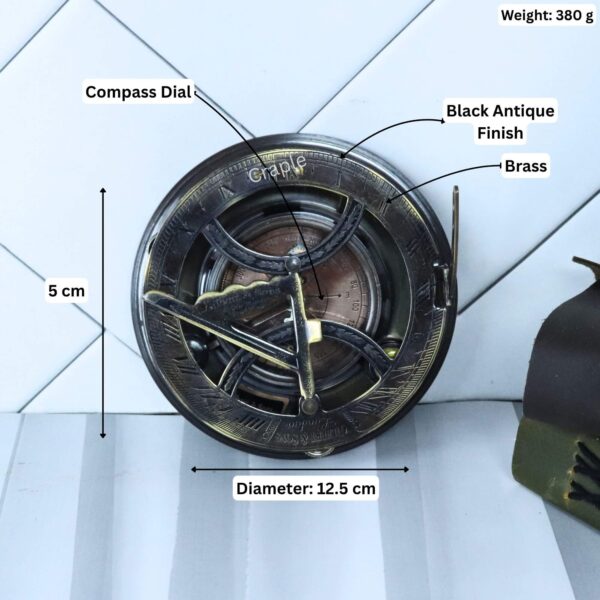 Gilbert & Sons brass sundial compass with its dimensions labeled: 12.5 cm diameter, 5 cm height, and 380g weight