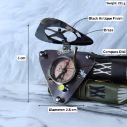 Triangular sundial compass with its dimensions labeled, showing a 5 cm height, 2.5 cm compass diameter, and 251g weight.