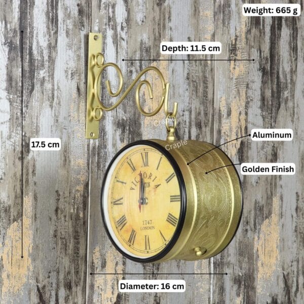 Image of the mounted station clock with dimensions labeled: 27.5 cm height, 16 cm diameter, and 665g weight.