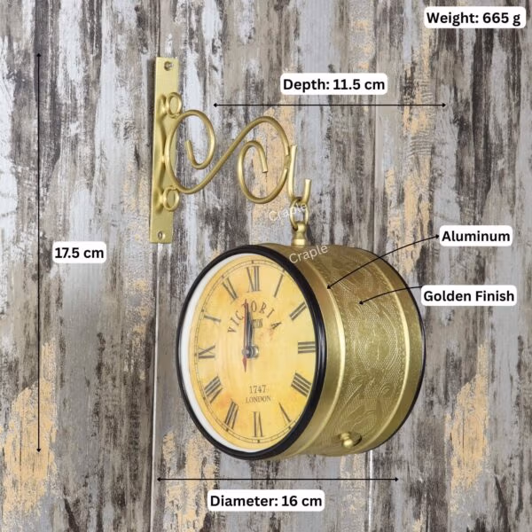 Image of the mounted station clock with dimensions labeled: 27.5 cm height, 16 cm diameter, and 665g weight.
