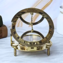 Back view of the open brass sundial, highlighting the full circular hour ring and the adjustable legs.