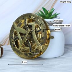 Brass sundial compass with its dimensions labeled: 8 cm height, 6 cm diameter, and 365g weight.