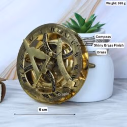 Brass sundial compass with its dimensions labeled: 8 cm height, 6 cm diameter, and 365g weight.