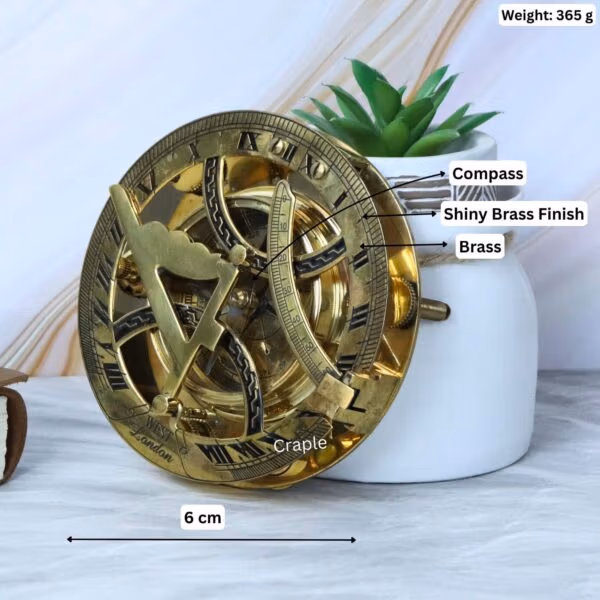 Brass sundial compass with its dimensions labeled: 8 cm height, 6 cm diameter, and 365g weight.