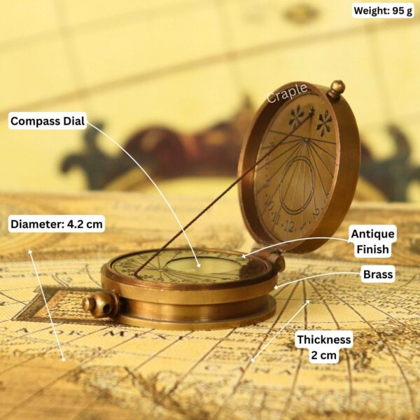 Antique brass sundial compass with its specifications labeled: 4.2 cm diameter, 2 cm thickness, and 95g weight.
