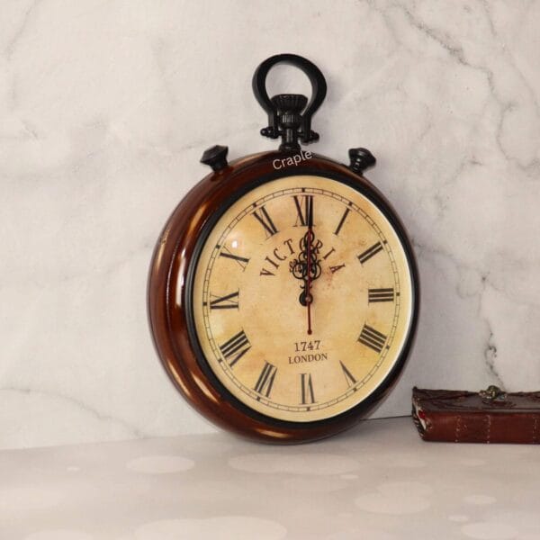 Angled view of the vintage wooden stopwatch clock, showing the depth of its rich brown, antique-finished frame.