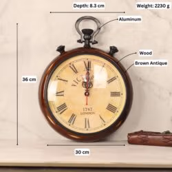 Image of the wooden stopwatch clock with its dimensions labeled: 36 cm height, 30 cm width, and 8.3 cm depth.