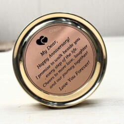 Detailed view of the "My Dear, Happy Anniversary!" romantic engraving inside the compass lid.
