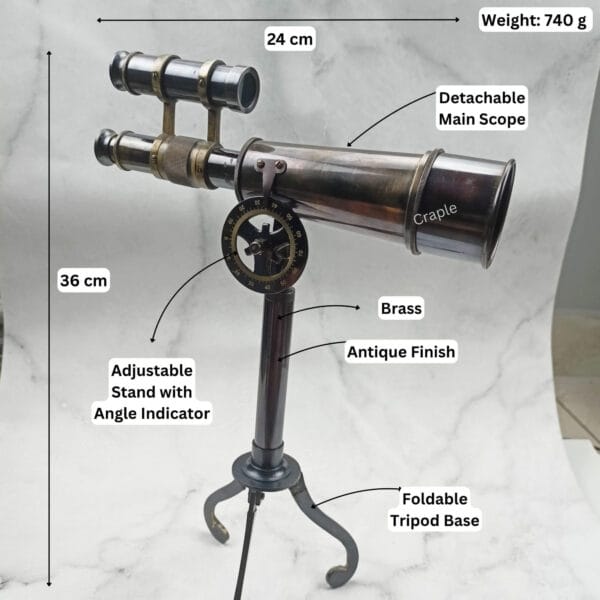 Image of the brass telescope with dimensions labeled: 36 cm height, 24 cm length, and 740g weight.