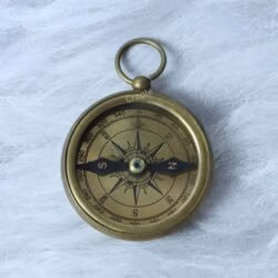 Top-down photograph of the "Regal Brand" brass pocket compass, displayed on a white surface.