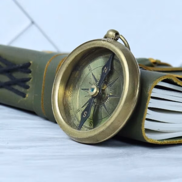 The vintage brass compass resting on a leather-bound journal, symbolizing travel and adventure.