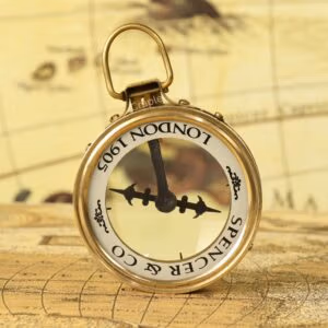 Vintage-style Spencer & Co. London 1905 magnifying map reader compass with a polished brass casing and ornate floating dial.