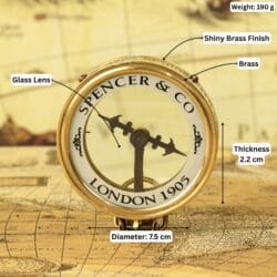 Brass map reader compass with its dimensions labeled: 7.5 cm diameter, 2.2 cm thickness, and 190g weight.