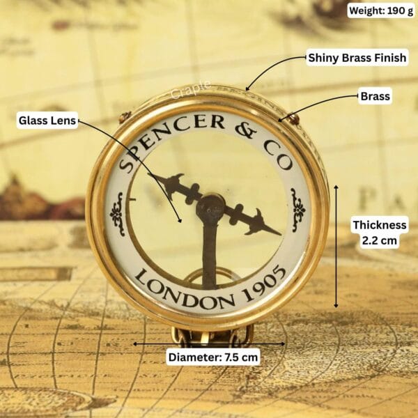 Brass map reader compass with its dimensions labeled: 7.5 cm diameter, 2.2 cm thickness, and 190g weight.