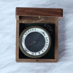 The antique brass Spencer map reader compass presented inside its felt-lined wooden storage and display box.