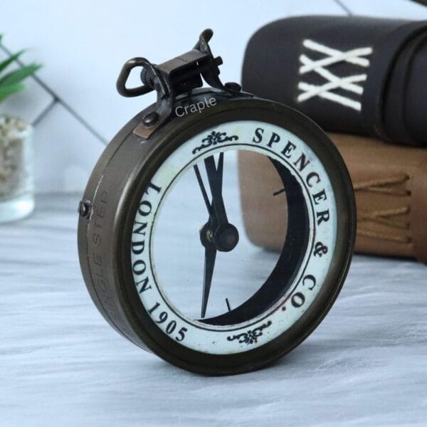 Left-angled perspective of the Spencer pocket map magnifier and compass, showing the depth of the casing.