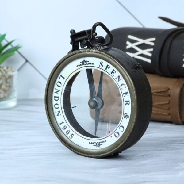 Side profile of the vintage Spencer & Co. map reader, highlighting its pocket watch style and antique finish.