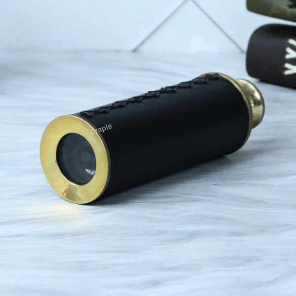 Nautical Vintage Marine Handcrafted Telescope-1 Compact leather-wrapped pocket telescope in its collapsed state, showing the shiny brass objective lens rim.