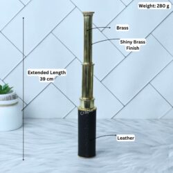 Image of the brass spyglass with specifications labeled: 39 cm extended length, 280g weight, brass and leather materials.