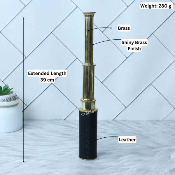 Nautical Vintage Marine Handcrafted Telescope-4 Image of the brass spyglass with specifications labeled: 39 cm extended length, 280g weight, brass and leather materials.