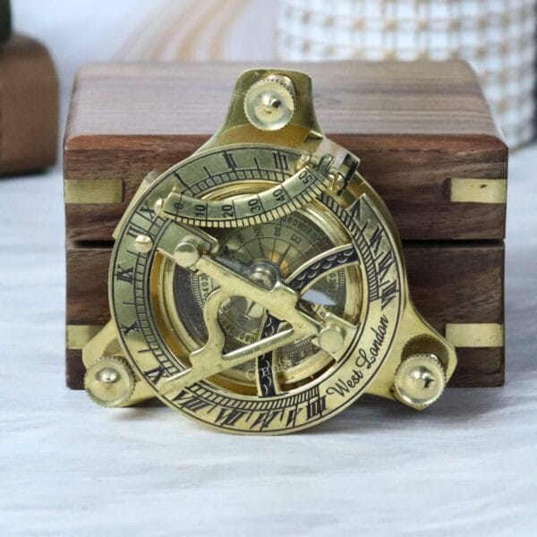 Nautical Vintage Style West London Sundial Compass-7 Vintage brass West London sundial compass displayed in front of its elegant wooden storage box.