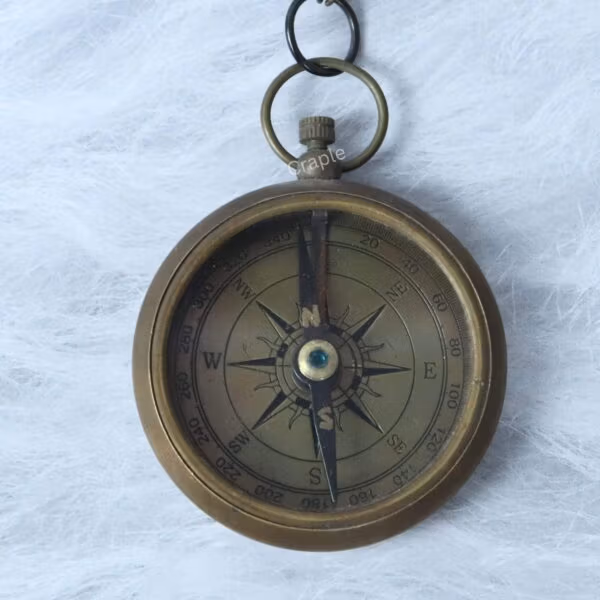 Top-down view of an antique brass pocket compass, showing the detailed dial with cardinal points N, S, E, W.