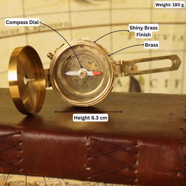 Brass Brunton compass with its specifications labeled, showing a height of 6.3 cm and a weight of 180g.