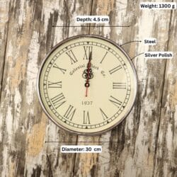 Image of the vintage steel clock with dimensions labeled: 30 cm diameter, 4.5 cm depth, and 1300g weight.