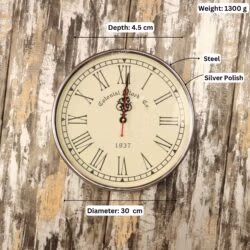 Image of the vintage steel clock with dimensions labeled: 30 cm diameter, 4.5 cm depth, and 1300g weight.