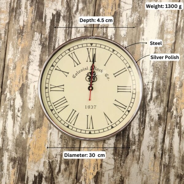 Roman Numeral Silver Steel Wall Clock-5 Image of the vintage steel clock with dimensions labeled: 30 cm diameter, 4.5 cm depth, and 1300g weight.