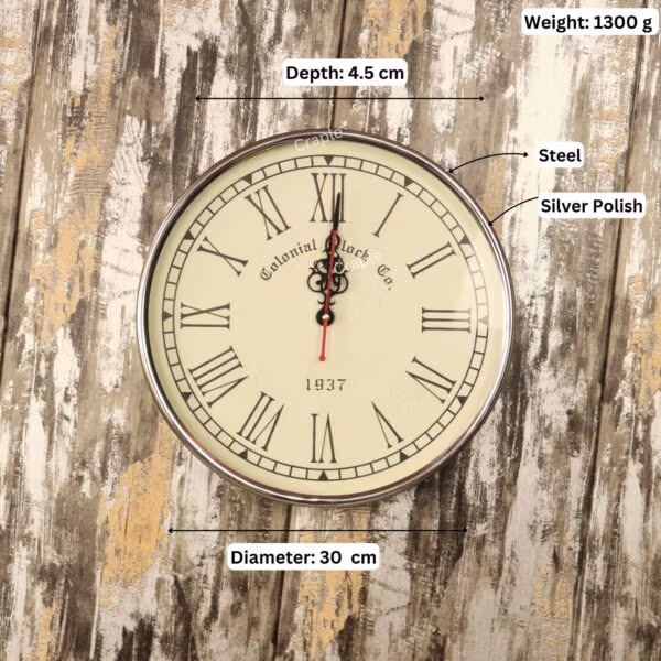 Image of the vintage steel clock with dimensions labeled: 30 cm diameter, 4.5 cm depth, and 1300g weight.