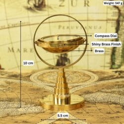 Image of the brass gimbal compass with dimensions: 10 cm height, 5.5 cm base, and 147g weight.