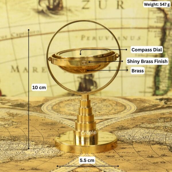 Image of the brass gimbal compass with dimensions: 10 cm height, 5.5 cm base, and 147g weight.