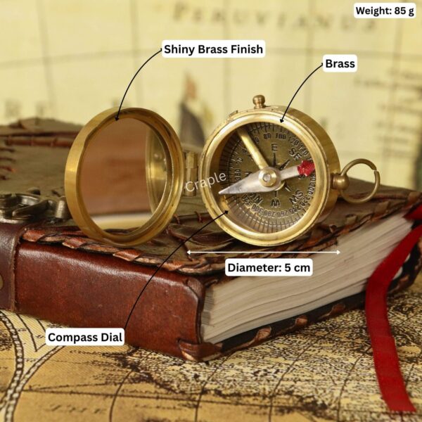 Shiny Brass Pocket Compass with Mirror-9 Brass pocket compass with mirror, with its dimensions labeled: 5 cm diameter and 85g weight.