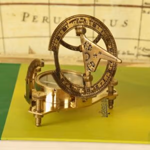 Shiny brass West London sundial compass with adjustable legs, featuring a detailed compass and a foldable sundial.