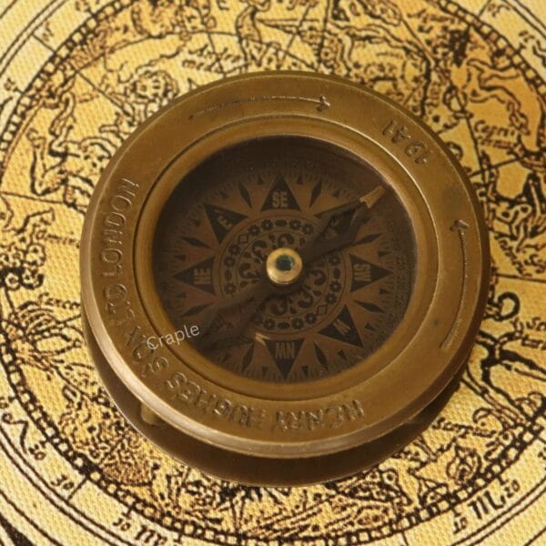 Close-up of the vintage-style compass dial featuring an ornate compass rose and a "London 1941" engraving.