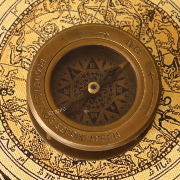 Close-up of the vintage-style compass dial featuring an ornate compass rose and a "London 1941" engraving.
