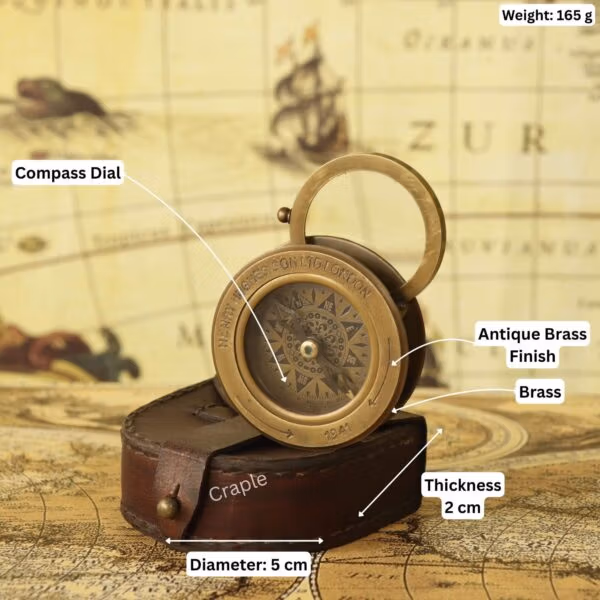Brass sliding magnifier compass with its dimensions labeled: 5 cm diameter, 2 cm thickness, and 165g weight.