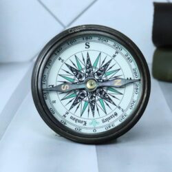 Close-up of the detailed compass dial inside the Stanley London antique brass compass, showing the needle and cardinal points.