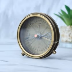 Angled perspective of the open brass pocket compass, focusing on the needle and antique dial face.