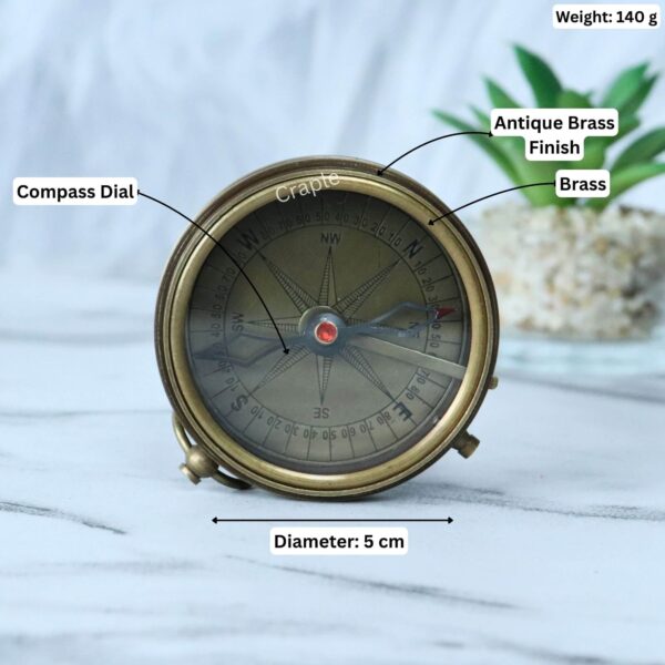 Stanley London Pocket Compass-8 Stanley London pocket compass with its dimensions labeled, showing a 5 cm diameter and 140g weight.
